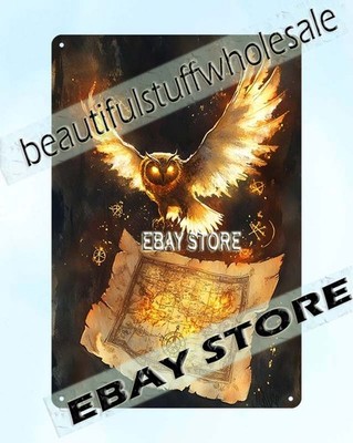 Metal Sign Burning Scroll With Wings Scene golden fire tone