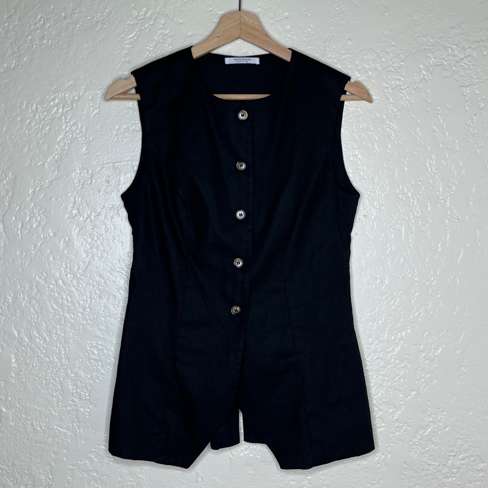 Peppermayo Black Linen Blend Button Front Vest Sleeveless Top Womens Size 6