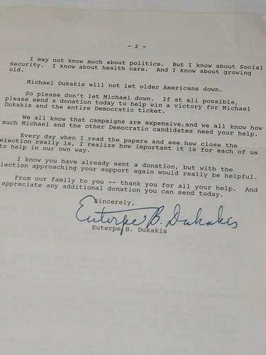 EUTERPE B. DUKAKIS autographed LETTER on E. DUKAKIS letterhead BEGGING FOR $$$ - Picture 4 of 7