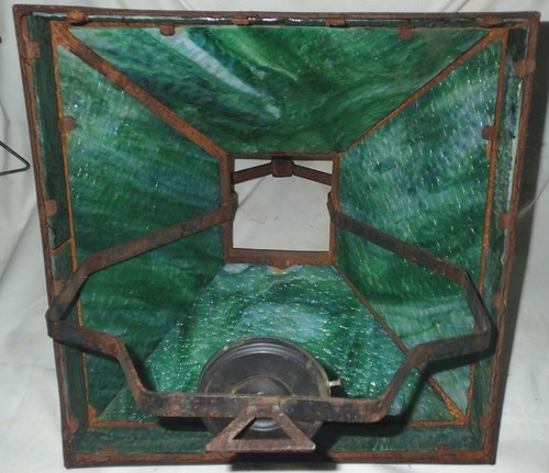 ANTIQUE MISSION ARTS CRAFT CEILING GREEN SLAG GLASS SHADE OIL LAMP METAL BRACKET - Picture 3 of 18