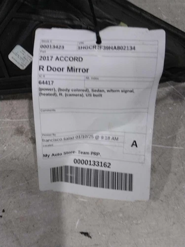 Used Right Door Mirror fits: 2017 Honda Accord Power body colored Sedan w/camera