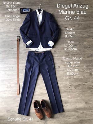 Digel suit navy size 44 NP 380 Olympus shirt white super slim bow tie belt