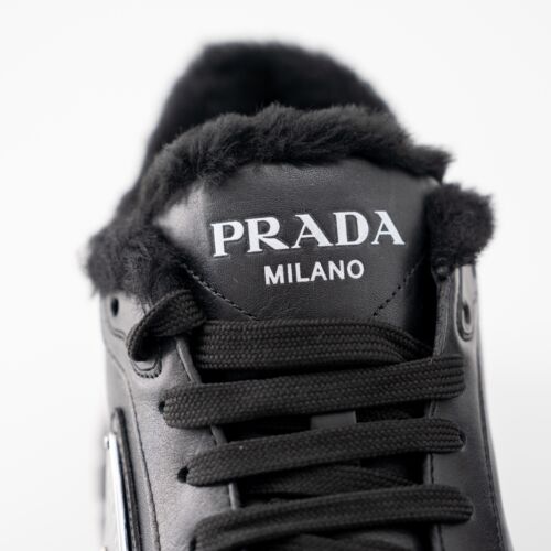 size 9 / 9.5us Prada Shearling Fur Lined Black Leather Sneakers Triangle logo - Picture 7 of 11
