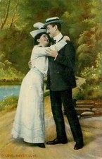 Postcard Romantic Victorian Couple Hugging Porkpie Hat Sweet Love
