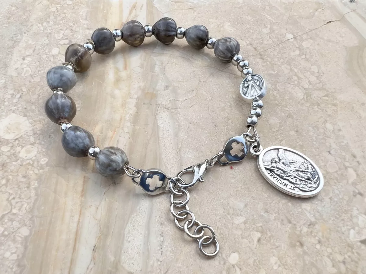 One Decade Rosary Bracelet Wooden Jobs Tears Beads St Michael