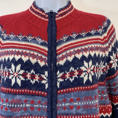 Maglione Tiara Donna Piccolo Full Zip Fair Isle Blu Rosso Cotone Rami Manica Lunga - Foto 2 di 10