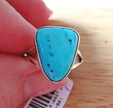 size 7 Sterling Silver 13x15mm Navajo teardrop Blue Turquoise 2mm wide band Ring