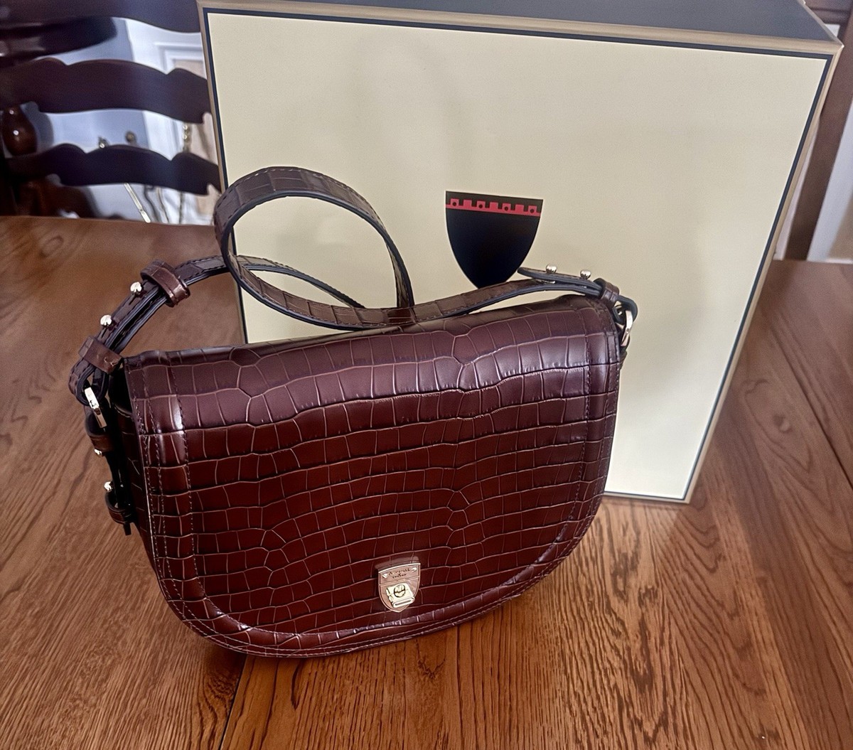 Aspinal of London Large Stella Satchel RARE Deep Shine Amazon Brown Croc  Boxed