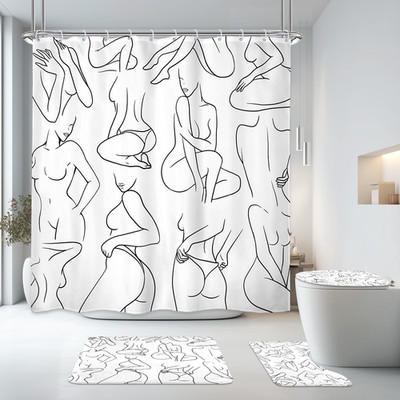 4Pcs Abstract Black White Bathroom Sets Women Line Shower Curtain Set 72Wx72H Mo