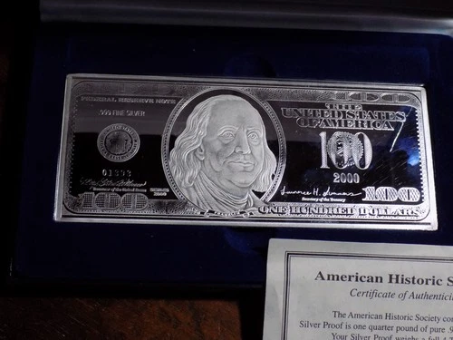 2000 AMERICAN HISTORIC SOCIETY $100 Franklin 4 Troy Oz. .999 Silver Proof w/ COA