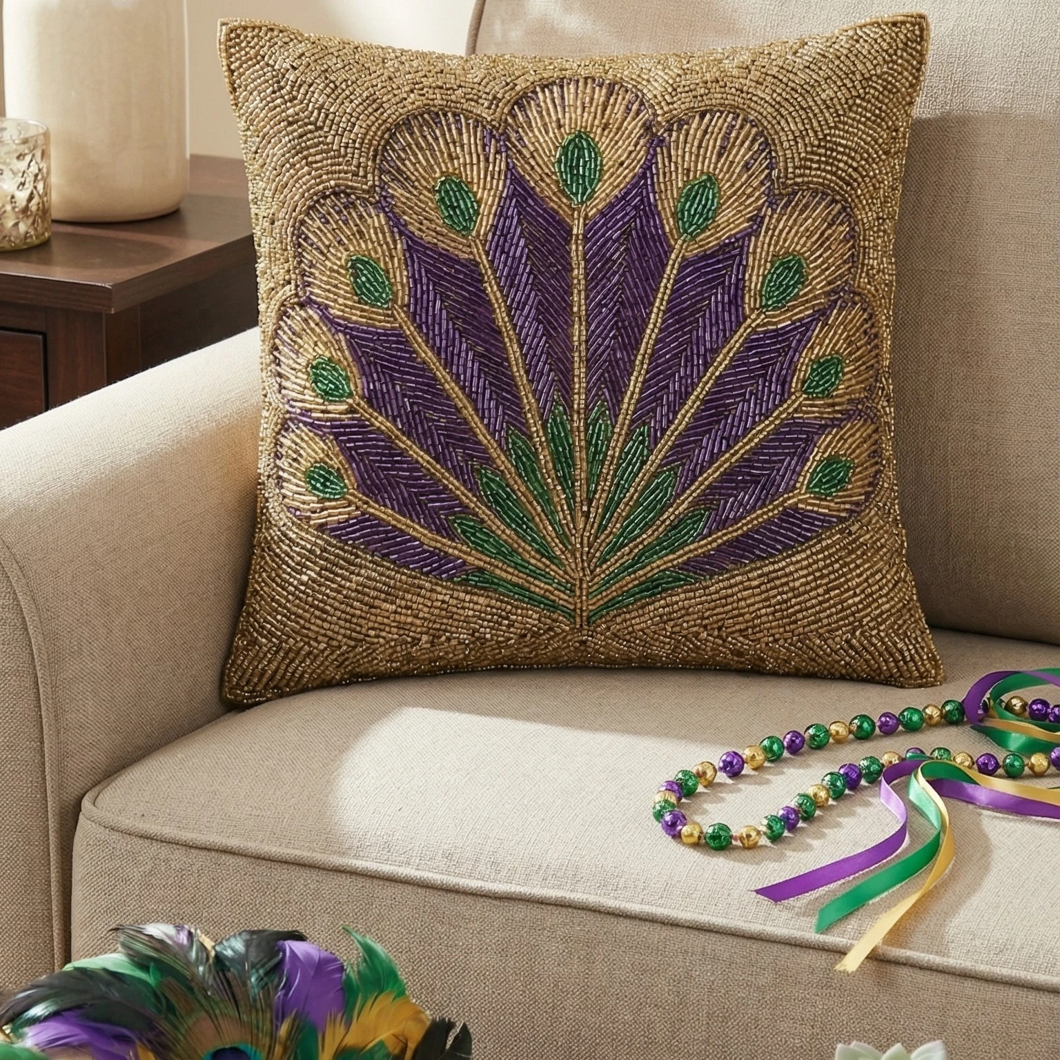 Hand-Beaded Peacock Feather Throw Pillow Cover - Luxury Gold Purple Green Decor
Opens in a new windo