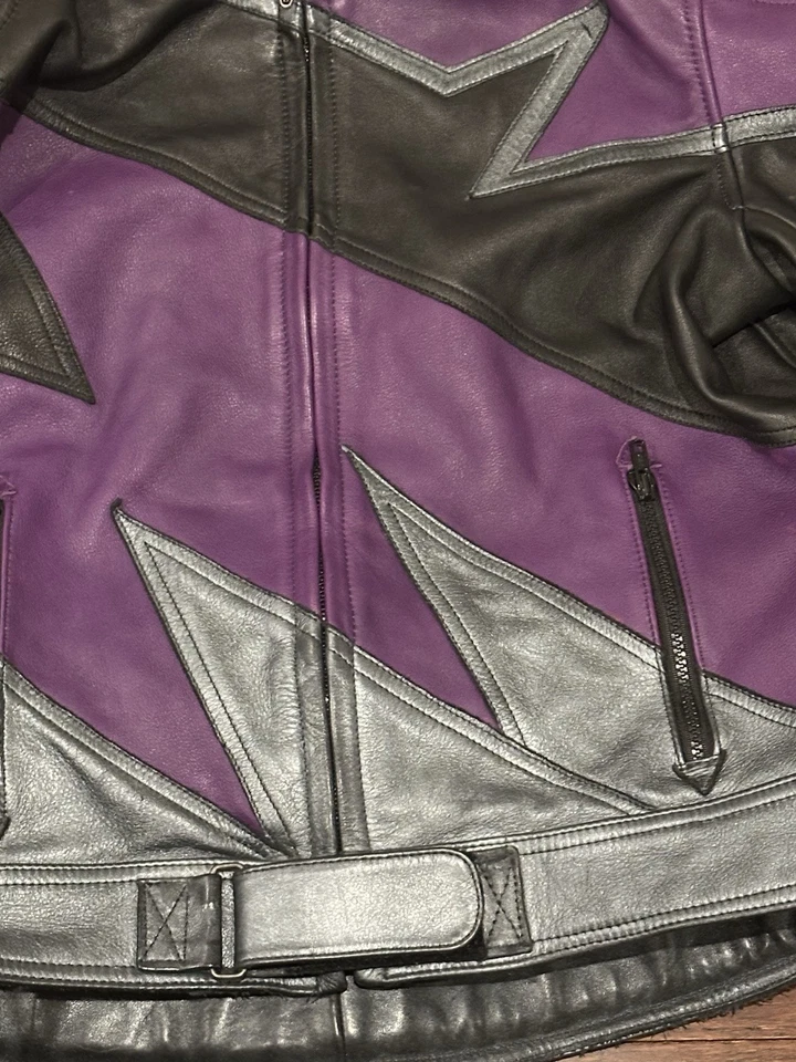 Chaqueta de Motocicleta Teknic Púrpura Cuero Negro Acolchada Talla 48/58 Foto 4 de 4
