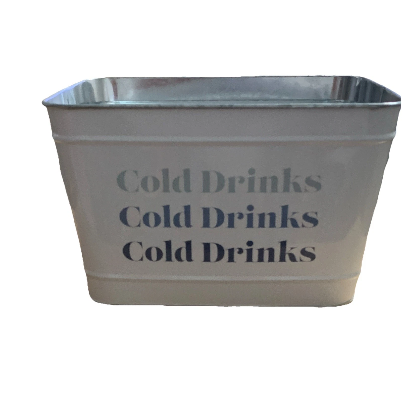 Medium Silver Metal Beverage Tub Ice Bucket Cooler w/ Handle "Cold Drinks" Theme