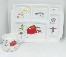 Anacapa 1987 Vintage Melamine Ware Farm Children's Divided Plate and Cup Set (2)