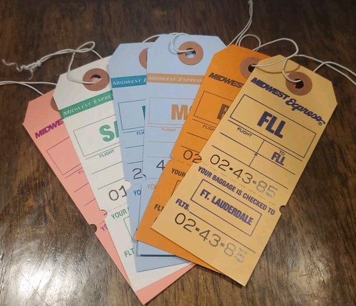 Vintage Midwest Express Airlines Unused Checked Bag Tags 6 Different Airport Set - Picture 19 of 20