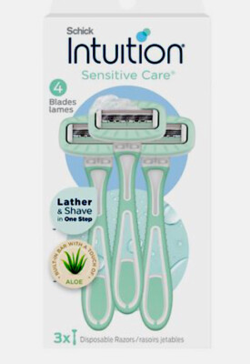 Schick Intuition Sensitive Care 4 Blades 3 Disposable Razors Built In Bar w Aloe