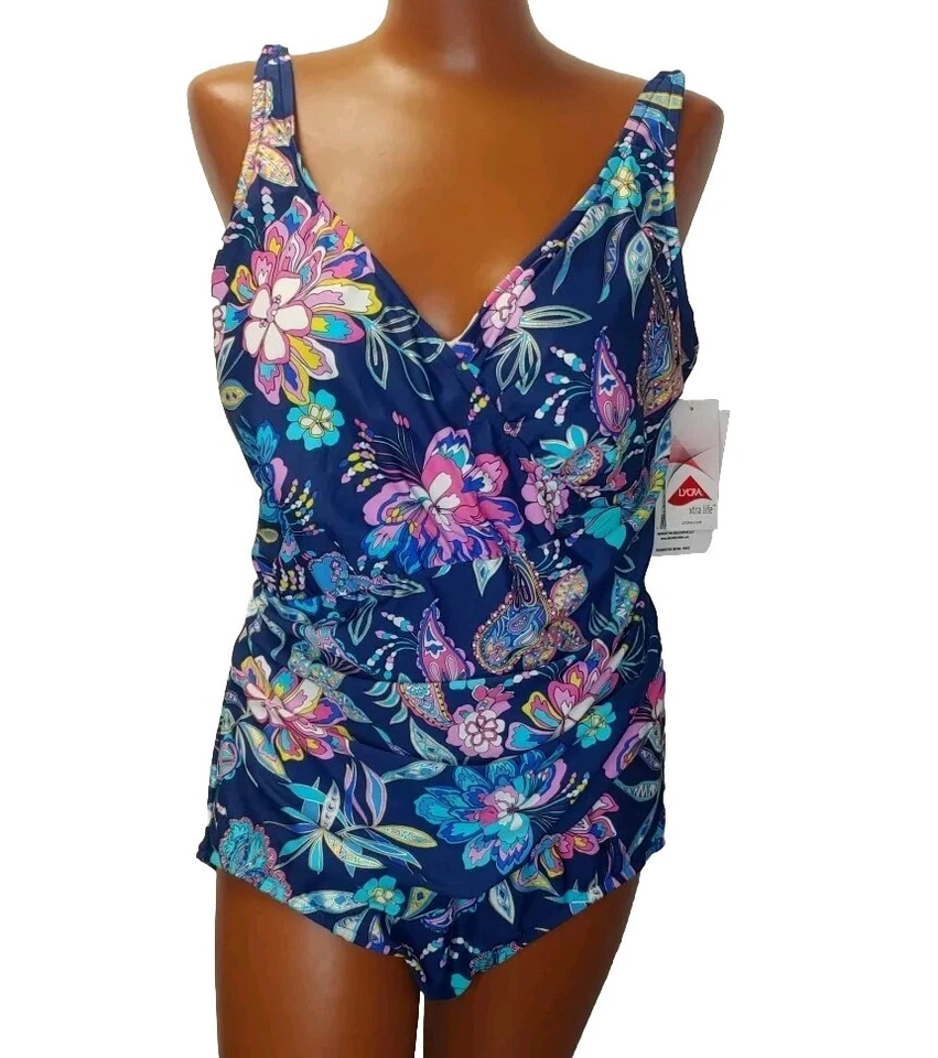 Traje de Baño Maxine Of Hollywood Mujer Plus 16W Piscina Forma Fruncido Azul Marino Tiki Nuevo con Etiquetas Foto 4 de 4