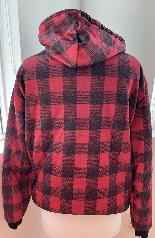 OPEN TRAILS MENS VTG RED BLACK CHECK HOODIE ZIPPER SHERPA JACKET MEDIUM - Image 2 of 4