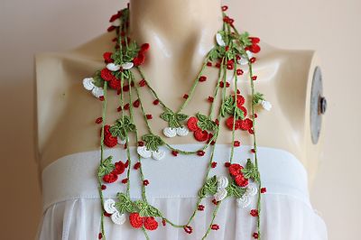 Cherry Necklace-Cherry Crochet Necklace-Oya necklace-Red and White Necklace