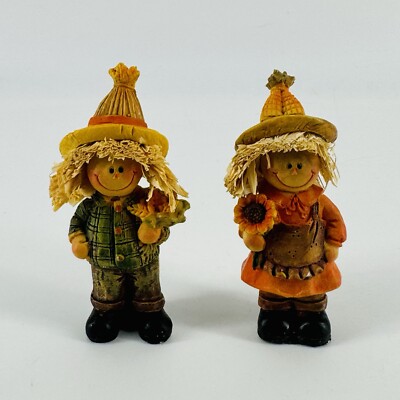 Pair Of Mini Resin Scarecrows With Straw Hair