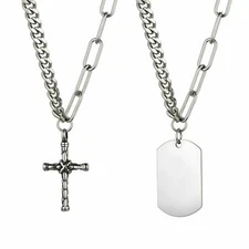 Men's Women's Retro Stainless Steel Cross Dog Tag Pendant Necklace Unique Chain