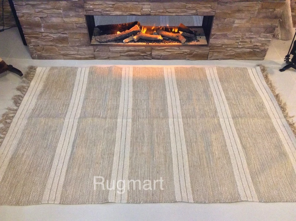 Eco Friendly Natural Cotton Jute Mix Striped Cream Beige Washable Rugs Dhurries - Image 4 of 4