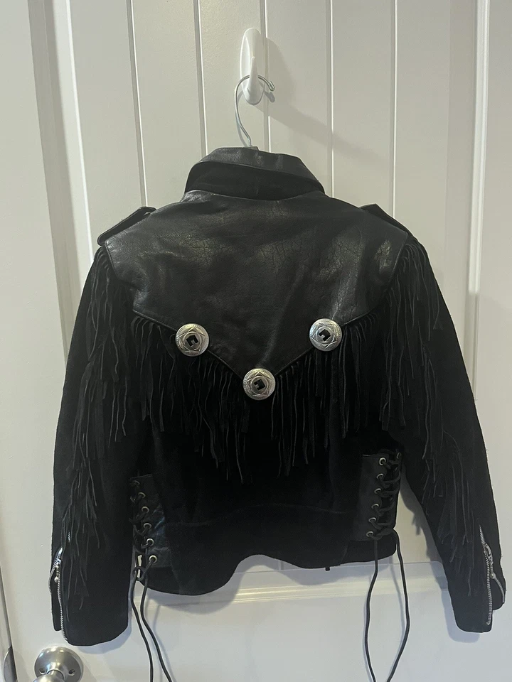 Jaqueta Vintage 1980 Couro Putnam Dourado Mundial Franja Tamanho Pequeno - Imagem 2 de 4