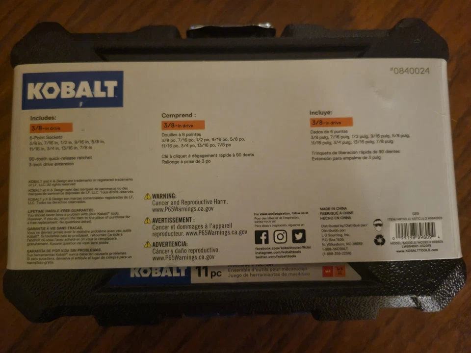 Kobalt 11pc 3/8" Drive Pro90 SAE Ratchet & Socket Kit 0840024 (Brand New) - Image 2 of 2
