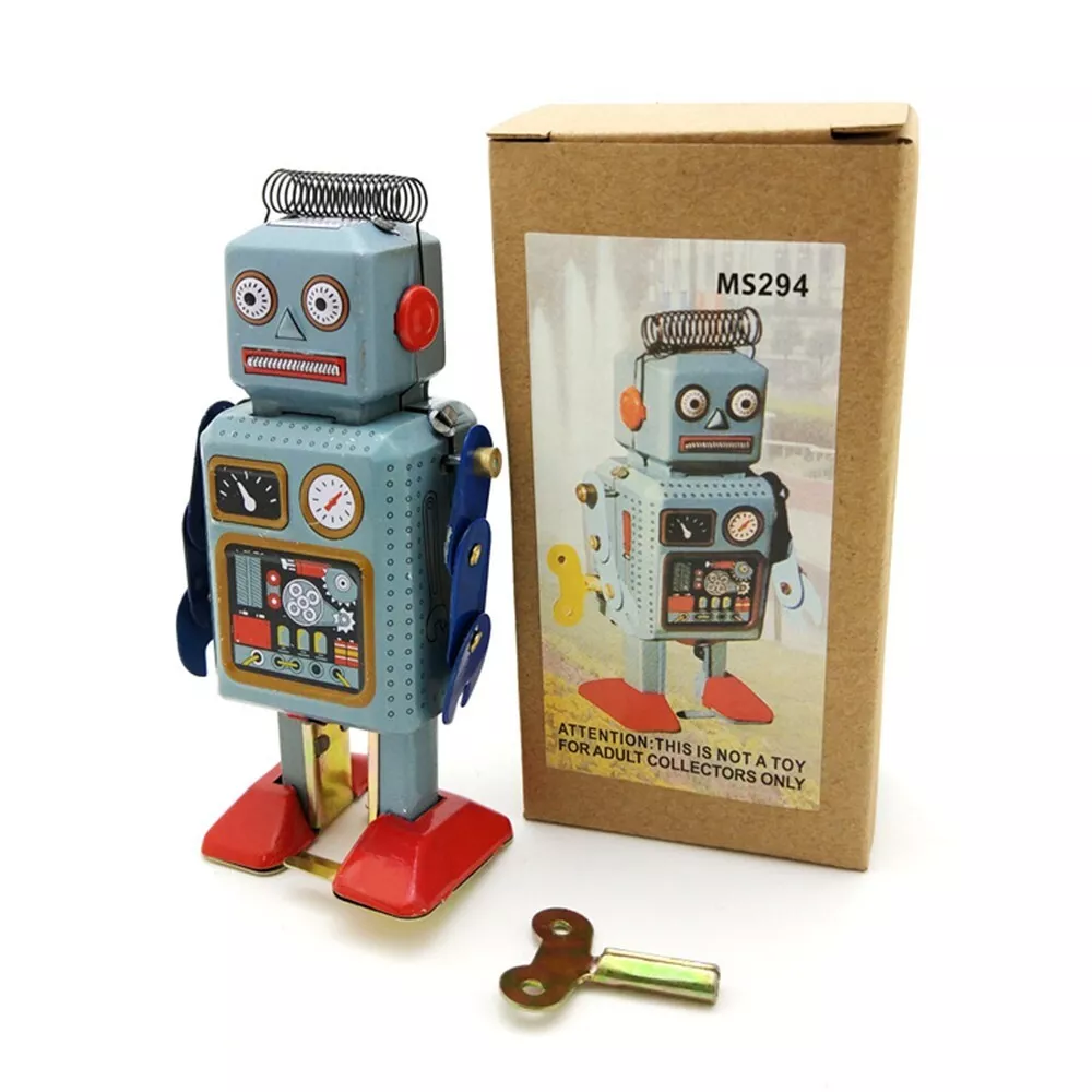 Vintage Retro Mechanical Clockwork Wind Up Robot With Key Children Kids Tin Toys