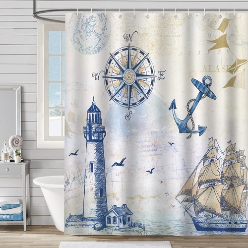 Nautical Sailboat Shower Curtain for Bathroom Lighthouse Compass Anchor Decor... - Picture 2 of 6