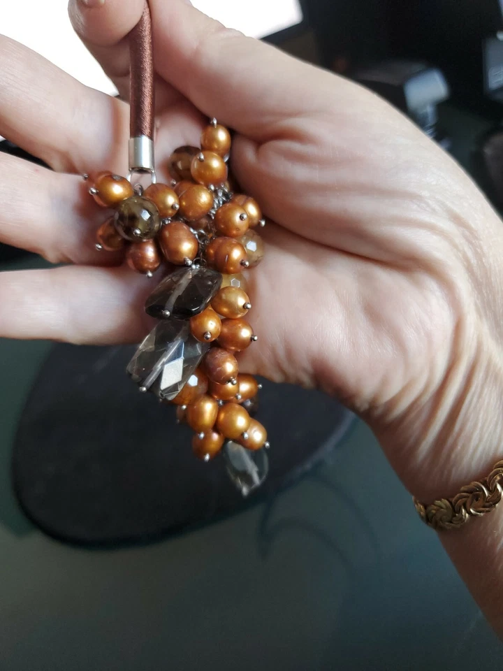 LP DESIGNER GENUINE SMOKY QUARTZ & BROWN PEARLS SILK CORD NECKLACE 27" NWOT  - Image 3 of 4