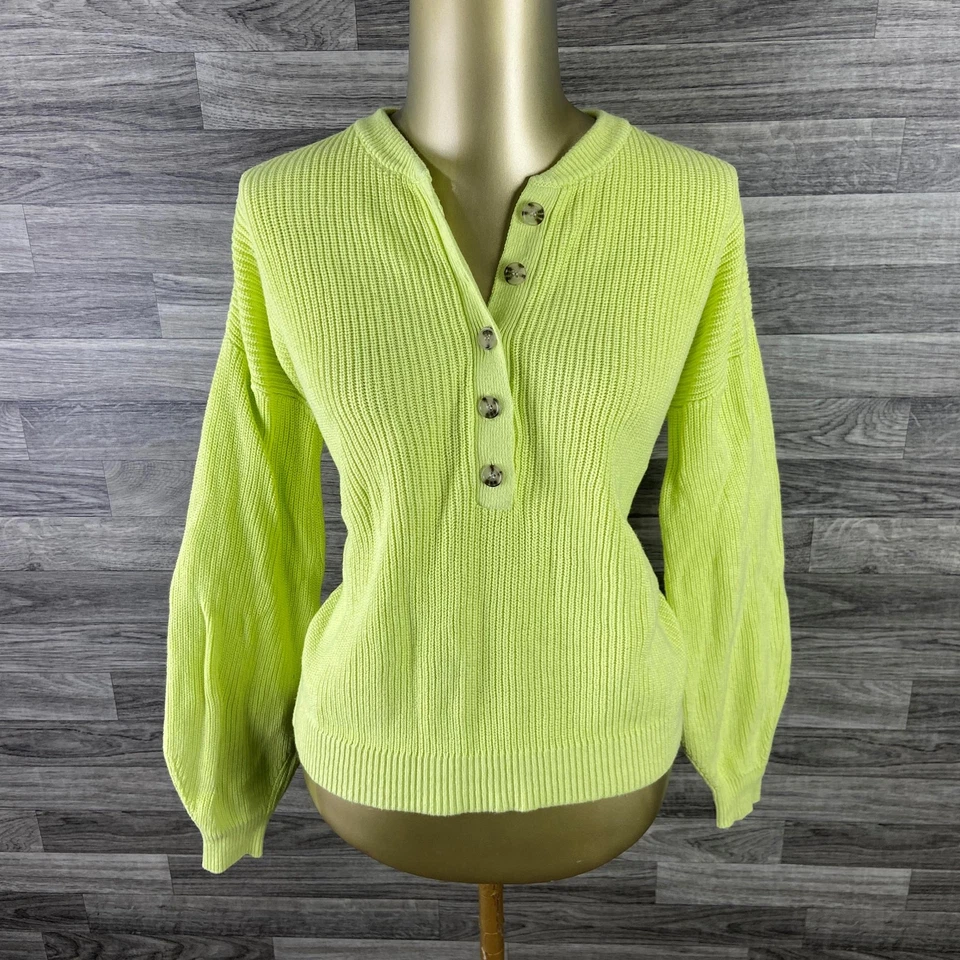 Suéter tejido Henley de neón/amarillo acanalado frontal con botones ANN TAYLOR LOFT XS para mujer Foto 2 de 4