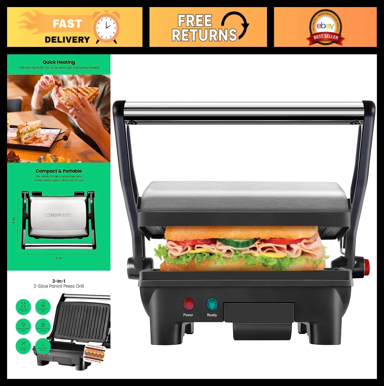 Compact 2-Slice Electric Panini Press Grill, Non-Stick Plates, 180° Open, Dishwa
Opens in a new wind