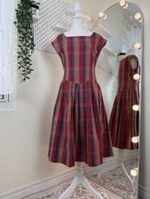 Vintage 80s 90s Japanese Plaid Midi Dress Cotton Linen Blend Fit and Flare