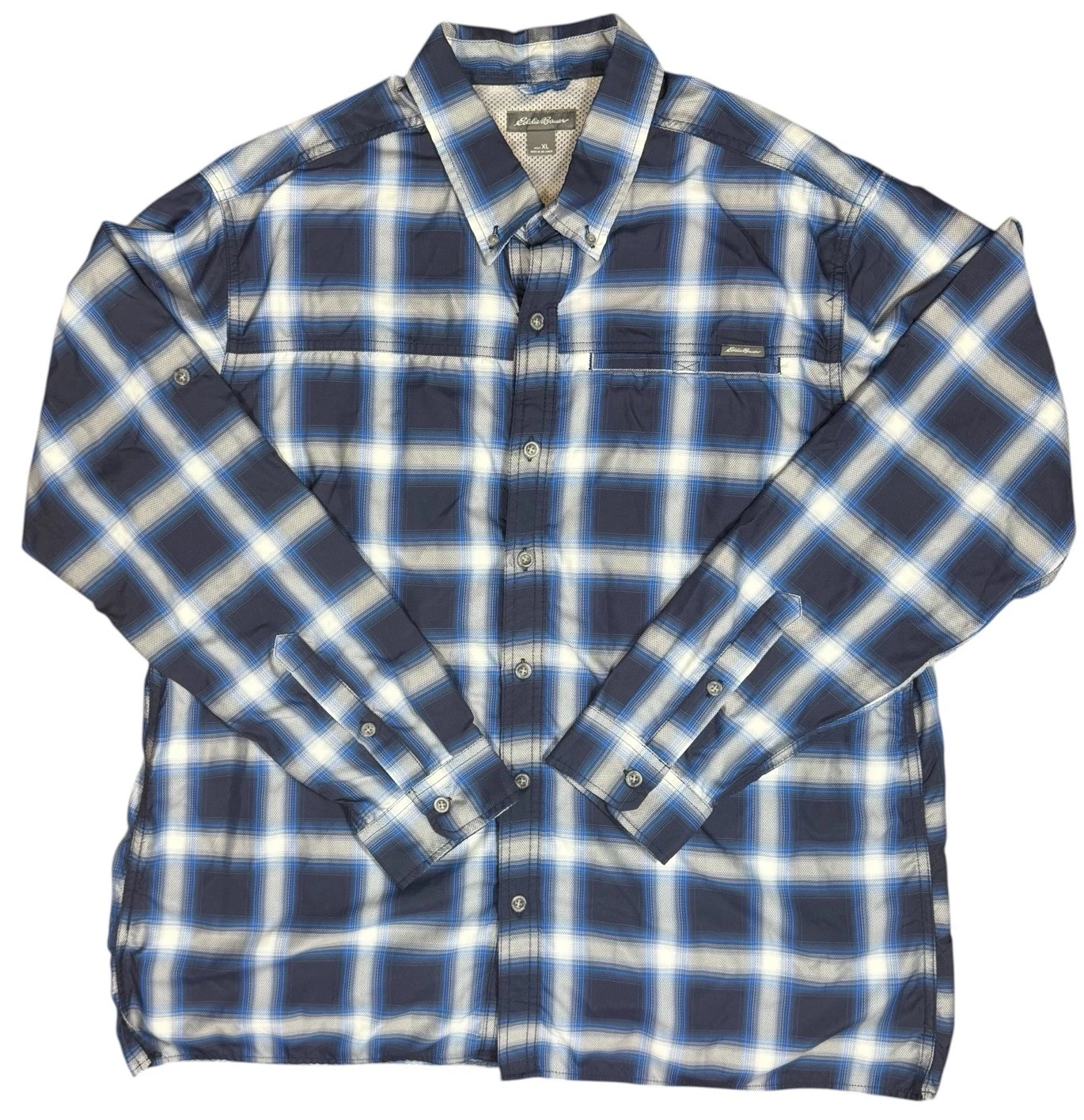 Eddie Bauer XL Fishing Shirt Blue Plaid Vented Long Sleeve Outdoor Hiking