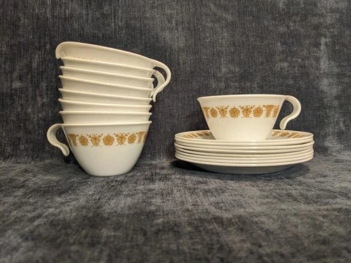 Set Of 8 Vintage Corning Ware Corelle Butterfly Gold Coffee Tea Cups & Saucers