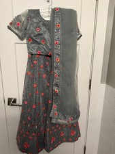 Women s Gray Embroidered Choli Blouse Sheer Short Sleeves Tie Back Red Floral