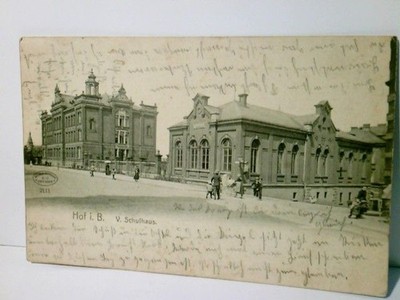 Hof i. Bayern. Alte Ansichtskarte / Lithographie s/w, gel. 1914. V. Schulhaus., 