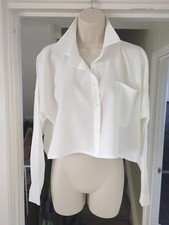 White Cropped Boxy Shirt Blouse Button Up Size L 14/16 Shein