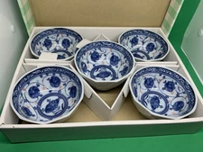 Japanese Small Bowls Rice Soup Set of 5  Ceramic 4" Diameter Blue White Japan