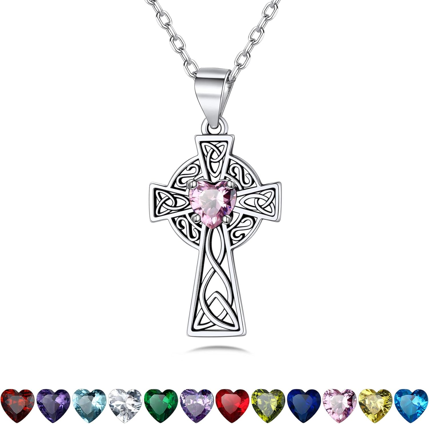 Silver Celtic Cross Necklace with 12 Month Heart Birthstone, Dainty Celtic Birth