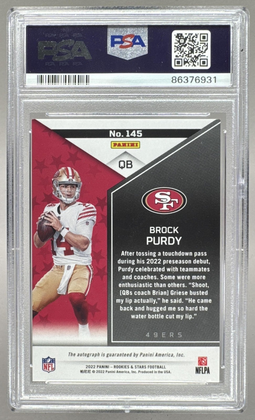 6931 Brock Purdy 2022 Panini Rookies & Stars #145 RC Rookie Auto /299 PSA 10 view 2