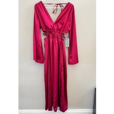 NWT Justify Hot Pink Maxi Dress Womens Size Small V Neck Angel Wing Sleeve
