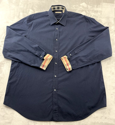 Burberry Brit Shirt Men 2XL Navy Blue Classic Fit Nova Check Collar Flip Cuff