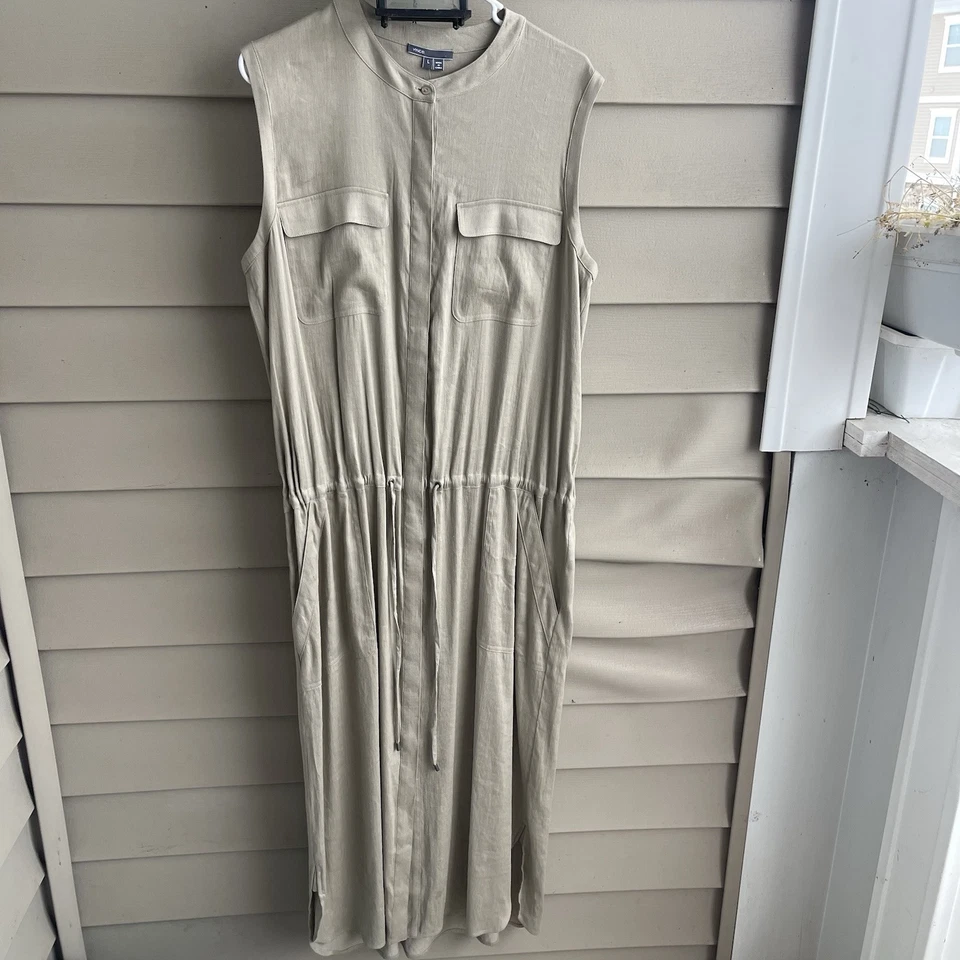 Vestido camisero Vince mezcla de lino cargo midi sin mangas barra de arena tostado L Nuevo con etiquetas Foto 2 de 4