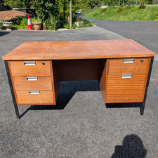 Vintage Wooden Office Desk, Wood Storage Table with 6 Drawers and Metal Legs