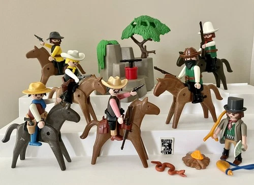 PLAYMOBIL WESTERN COWBOYS WITH 6 HORSES, 7 Figures & More~Mixed Lot Some Vintage