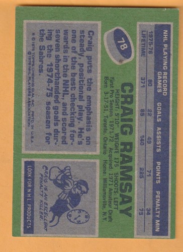 Craig Ramsay Buffalo Sabres 1976-77 Topps #78 - Picture 2 of 2