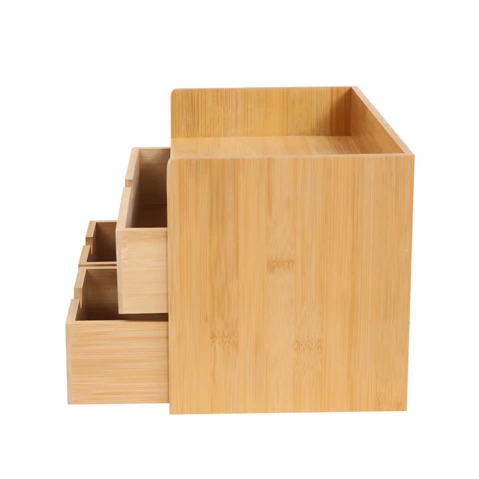 Raw Wood Color Tabletop Storage Box Bamboo Desk Organizer 3 Drawers Home Office - Image 3 of 4