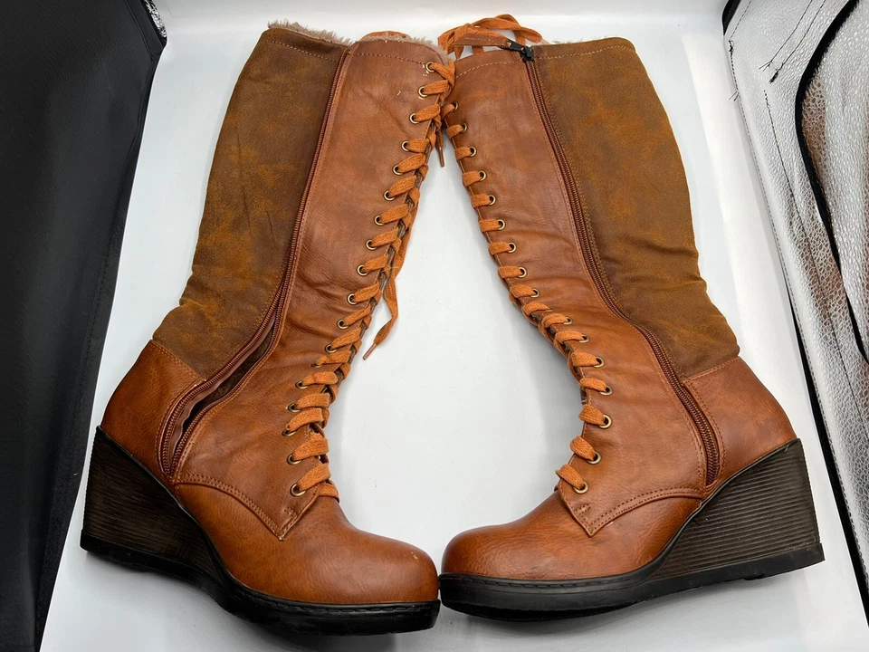 Reneeze Boots Tall Womens 7 Wedge Heel Joyce Lace Up 38 ONE ZIPPER MISSING - Image 2 of 4